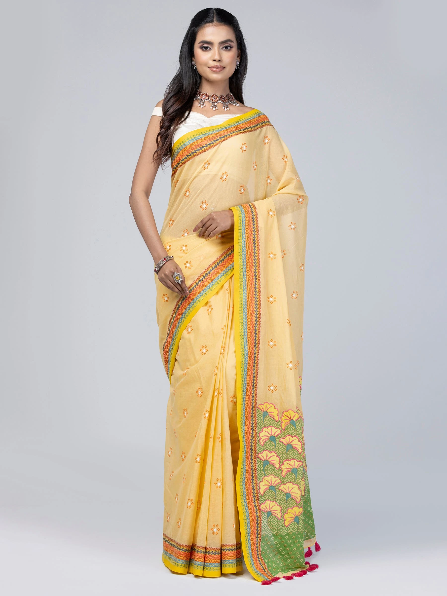 Light Yellow Appliqued and Embroidered Cotton Saree