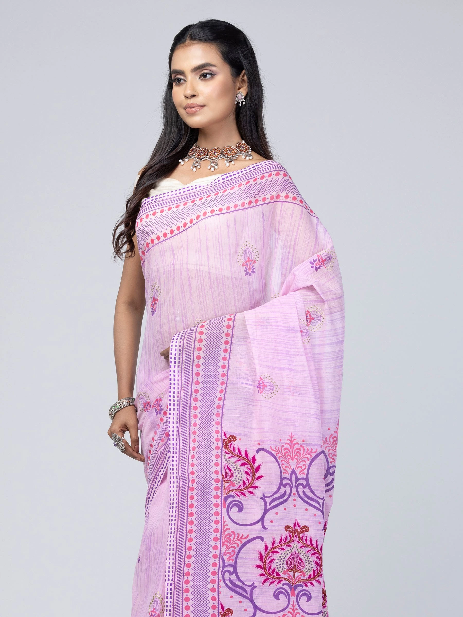 Pink Brush Painted and Embroidered Cotton Saree