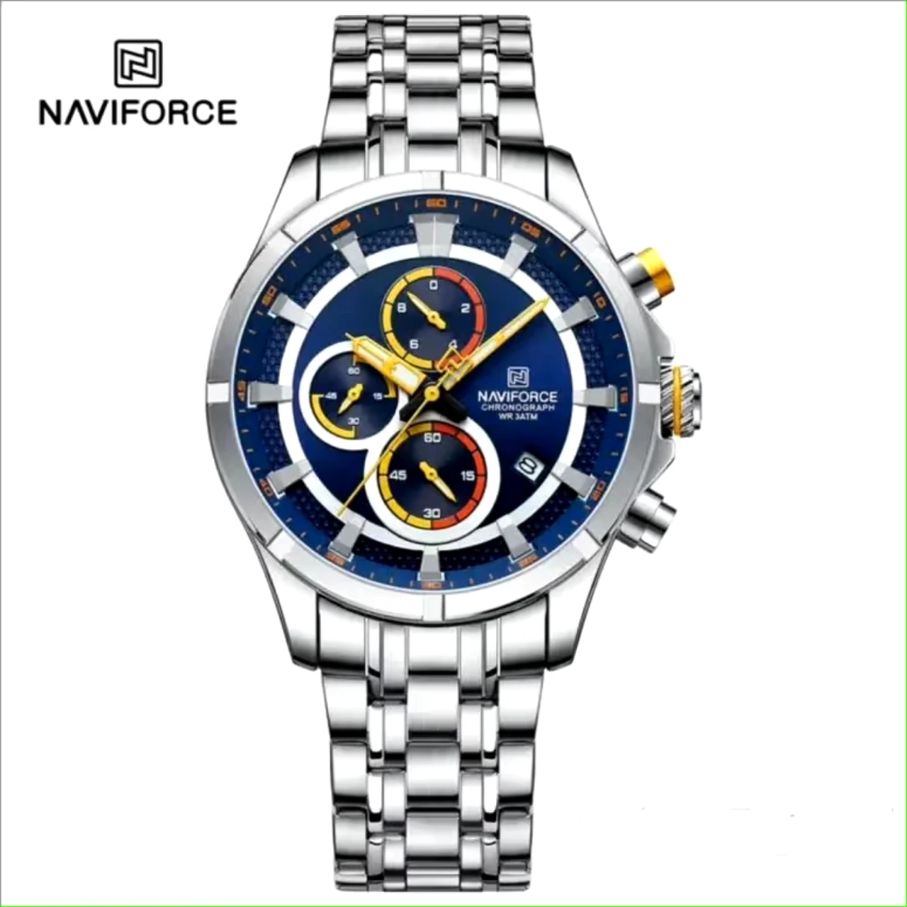 NAVIFORCE 8046 Black Orange New Color Watch for Men Quartz Wristwatch Stainless Steel Strap 3ATM Waterproof Chronograph Watches